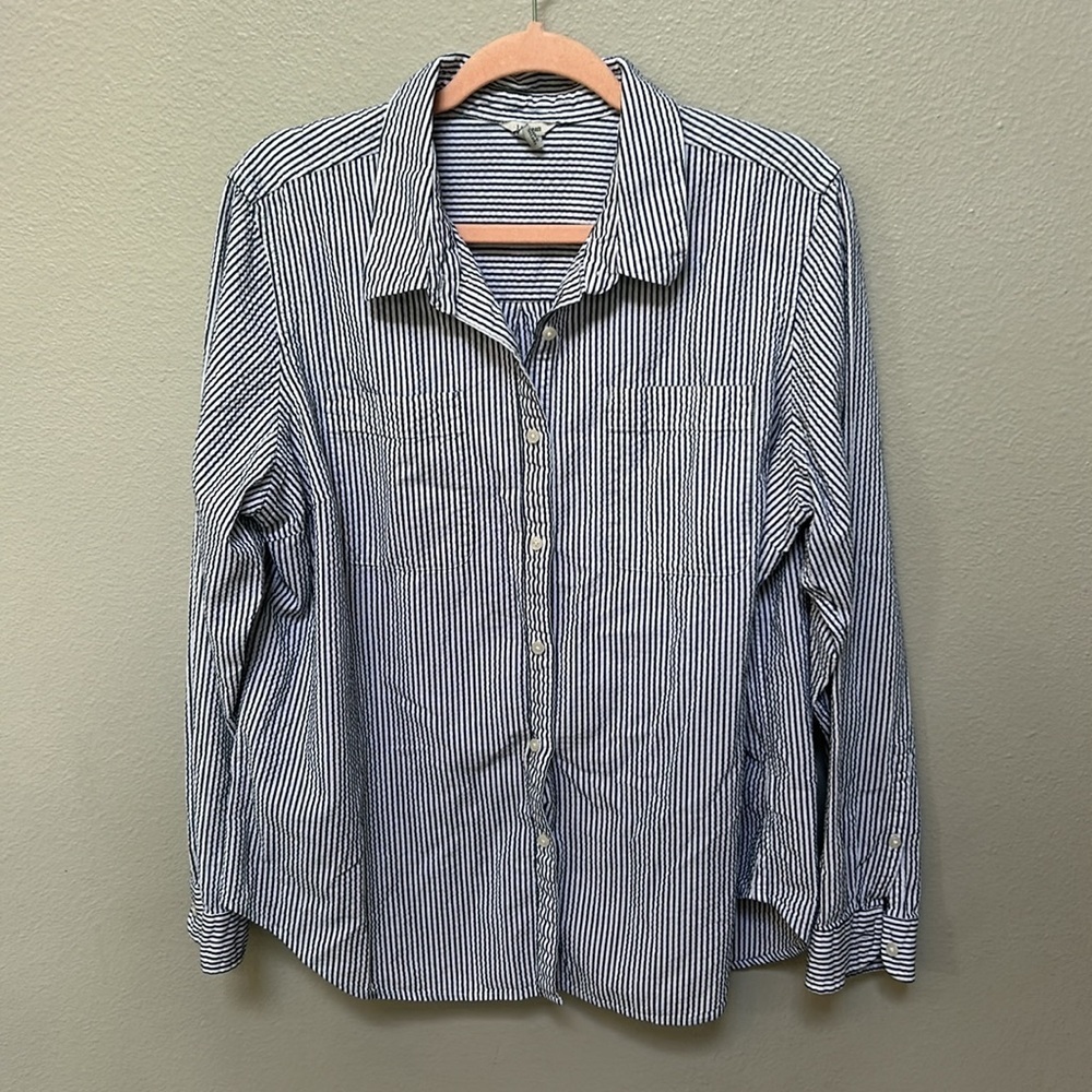 L.L. Bean cotton blue white striped collared button front shirt, size XL